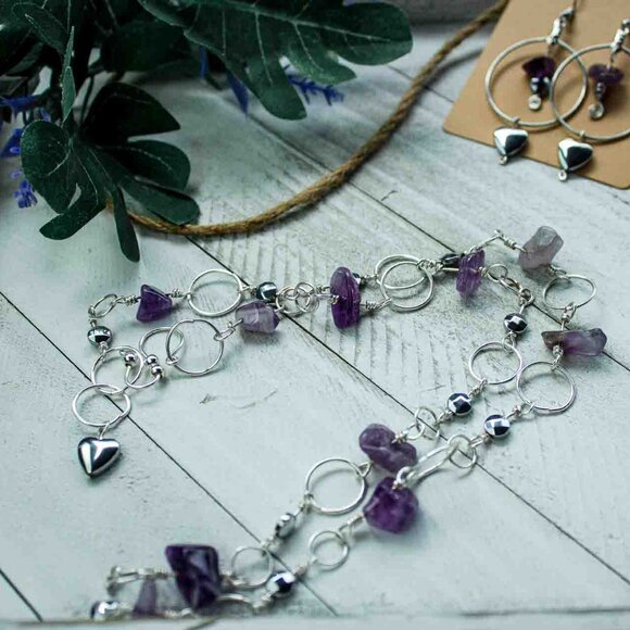 Amethyst Chip Silver Hoop Earrings & Necklace Set with Silver-Plated Heart Charm - Picture 1 of 9